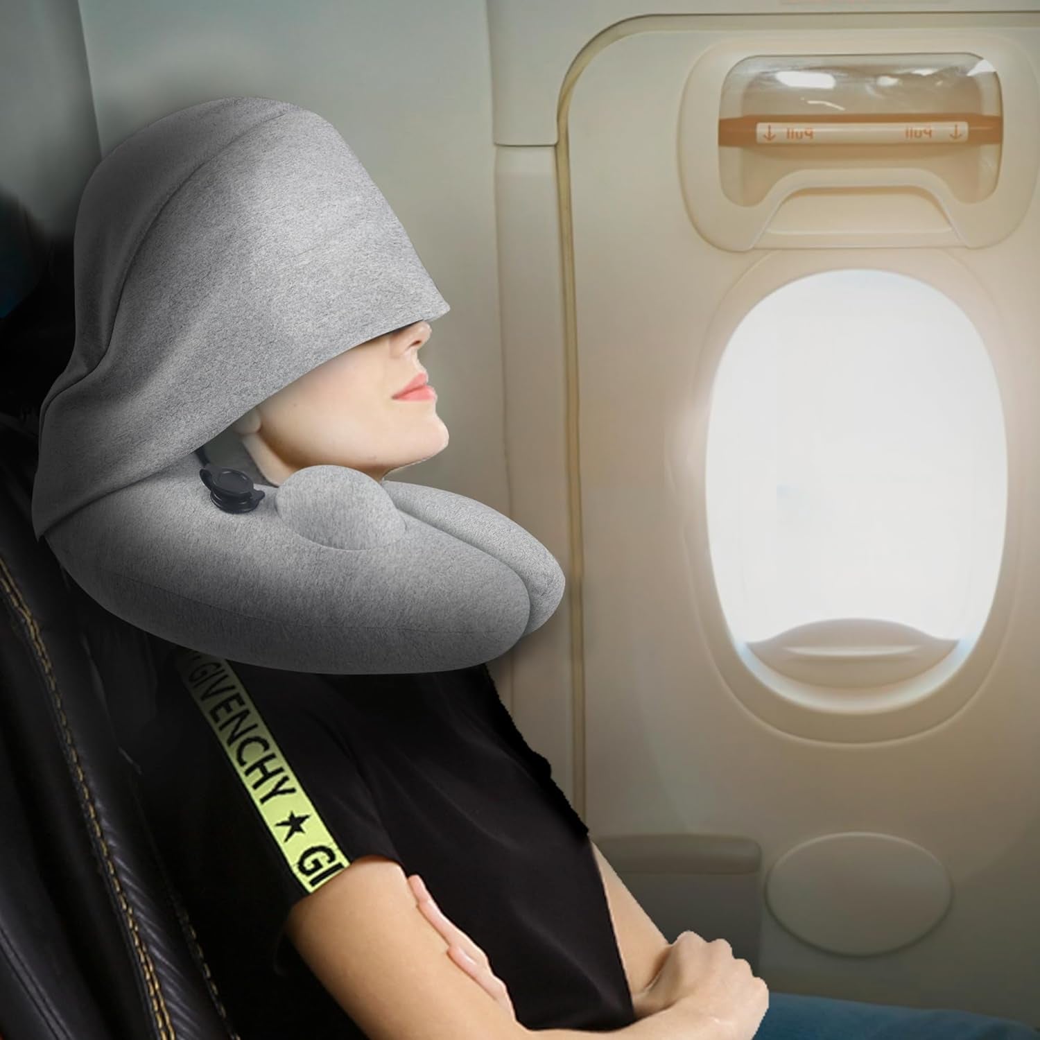 Travel Pillow for Airplane with Hood, Inflatable Neck Air Pillow for Car,Travel Accessoires Nap Rest Sleep Business Trip Flight