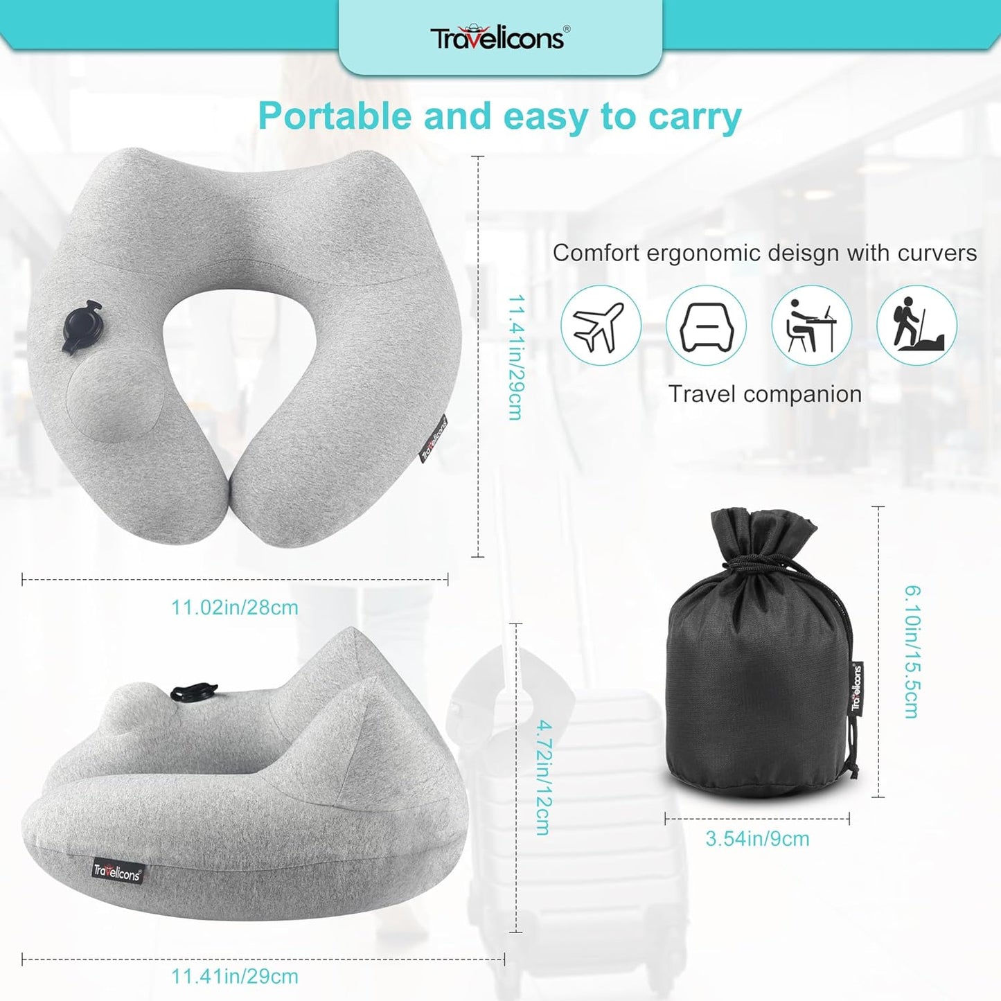 Travel Pillow for Airplane with Hood, Inflatable Neck Air Pillow for Car,Travel Accessoires Nap Rest Sleep Business Trip Flight