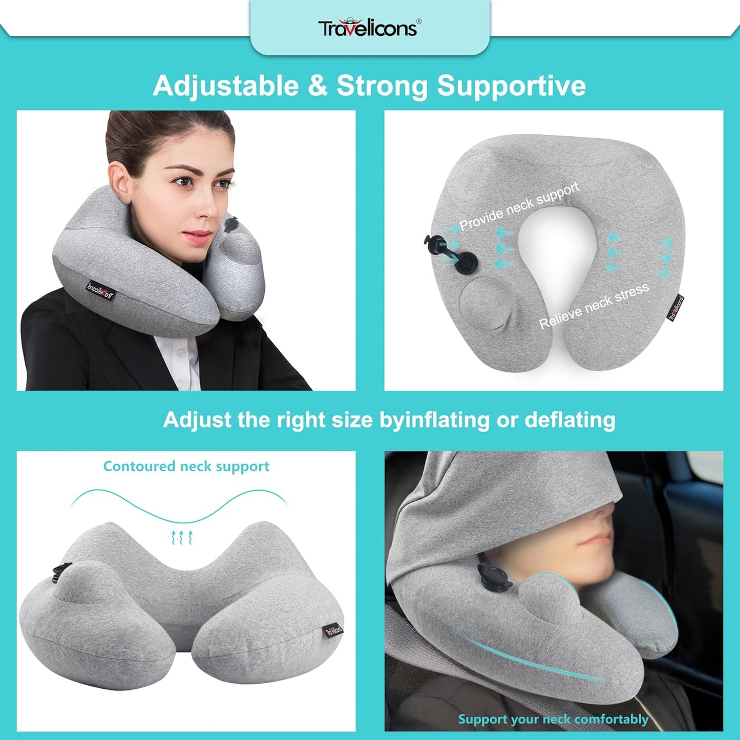 Travel Pillow for Airplane with Hood, Inflatable Neck Air Pillow for Car,Travel Accessoires Nap Rest Sleep Business Trip Flight