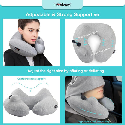 Travel Pillow for Airplane with Hood, Inflatable Neck Air Pillow for Car,Travel Accessoires Nap Rest Sleep Business Trip Flight