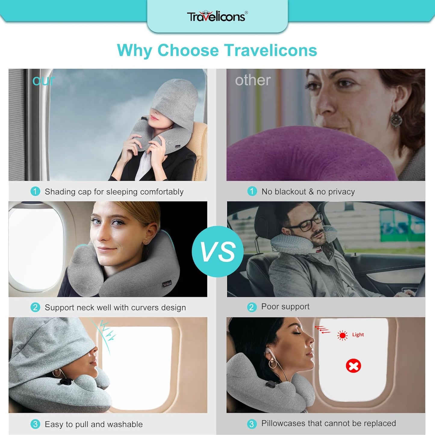 Travel Pillow for Airplane with Hood, Inflatable Neck Air Pillow for Car,Travel Accessoires Nap Rest Sleep Business Trip Flight