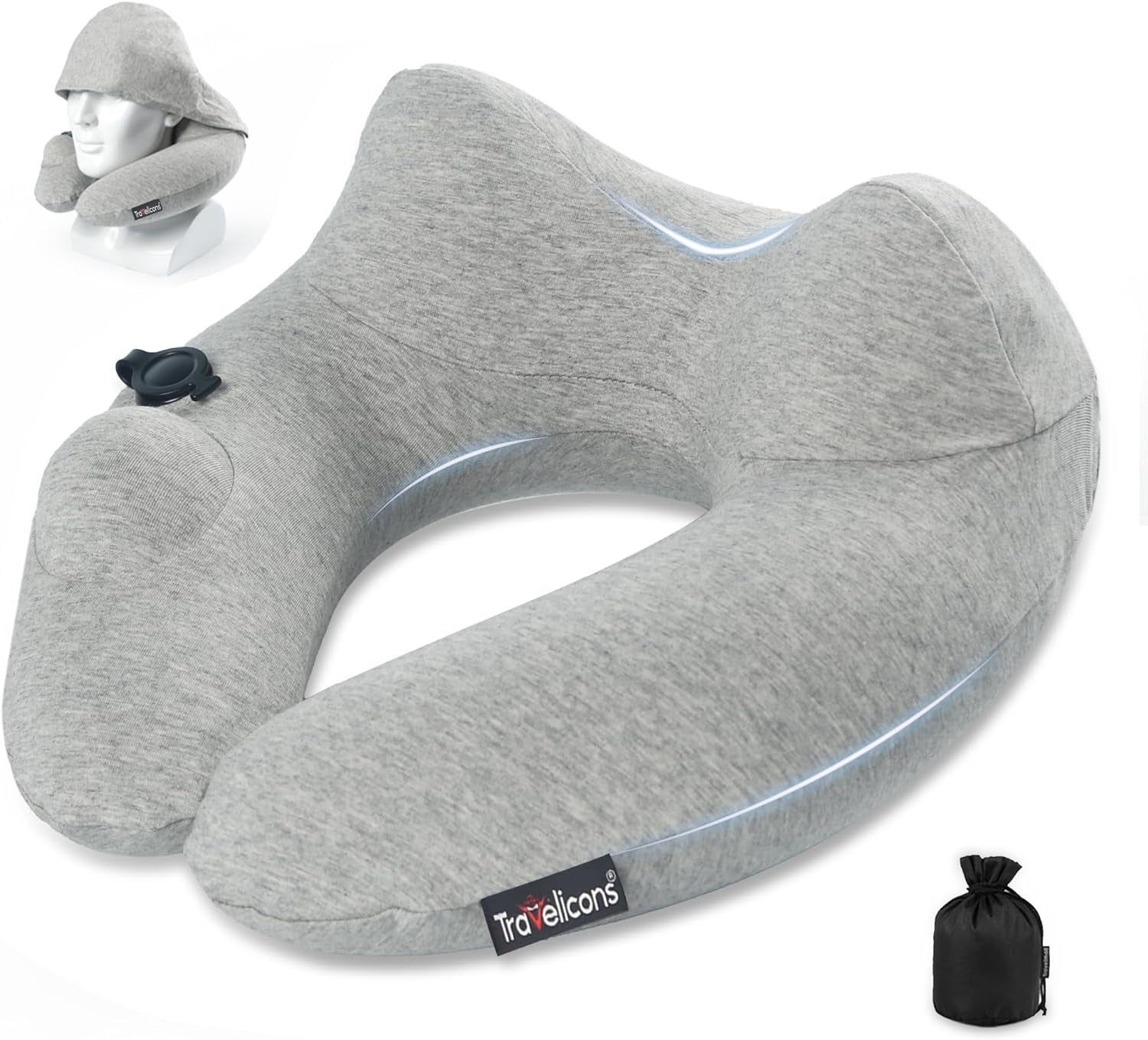 Travel Pillow for Airplane with Hood, Inflatable Neck Air Pillow for Car,Travel Accessoires Nap Rest Sleep Business Trip Flight