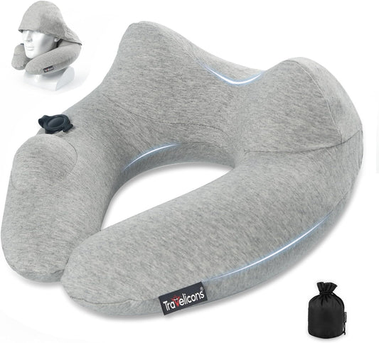 Travel Pillow for Airplane with Hood, Inflatable Neck Air Pillow for Car,Travel Accessoires Nap Rest Sleep Business Trip Flight