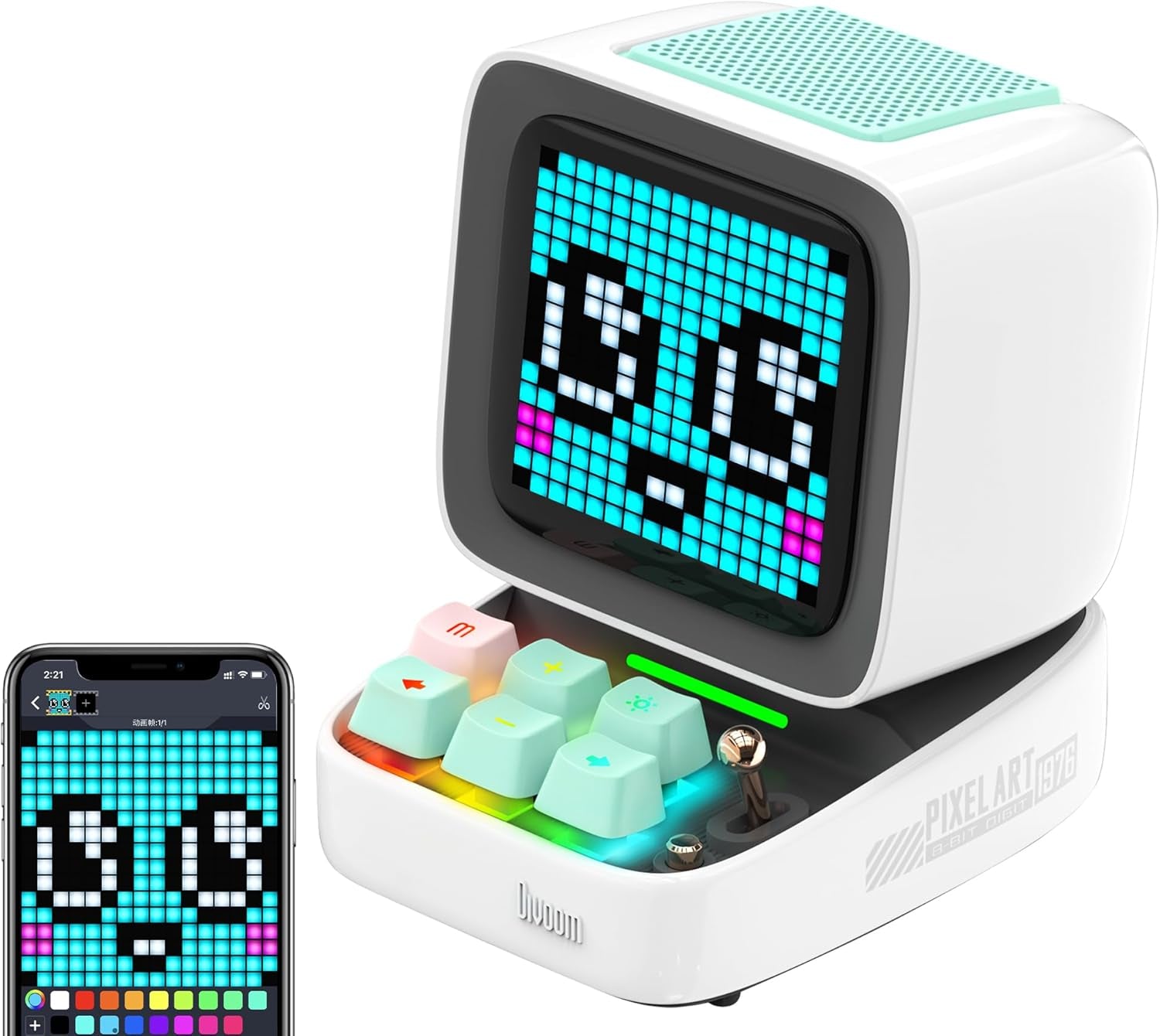 Mini Retro Bluetooth Speaker with 16X16 LED Display APP Control- Cool Animation & Gaming Room Setup & Bedside Alarm(White)